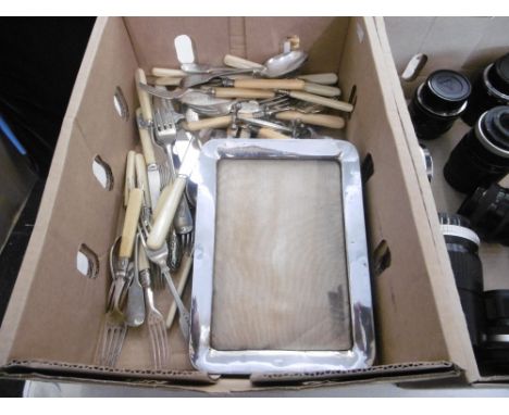 A mixed quantity of silver plated flatware and silver frame a.f