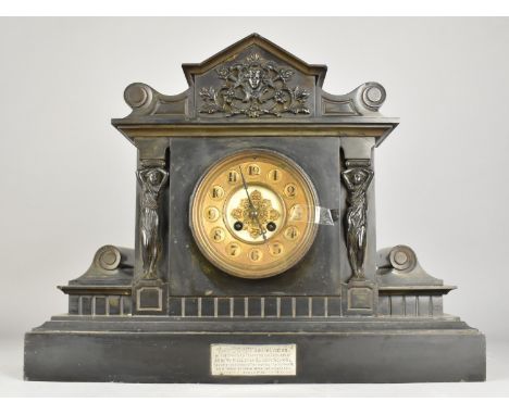 A Large and Heavy French Black Slate Presentation Mantel Clock of Architectural Form for The Astbury Wesleyan Sunday School, 