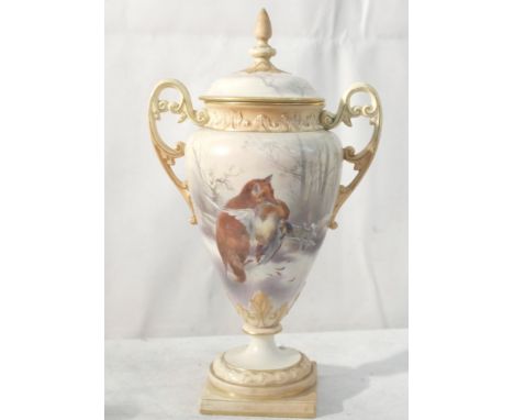 A Royal Worcester blush ivory vase, hand painted with fox hunting  CONDITION REPORT: Minor chip to right hand handle  & hairl