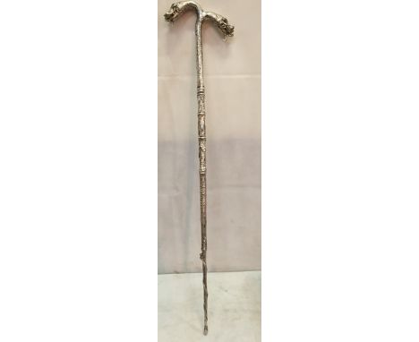 An Oriental double-handed Dragon sterling silver walking stick