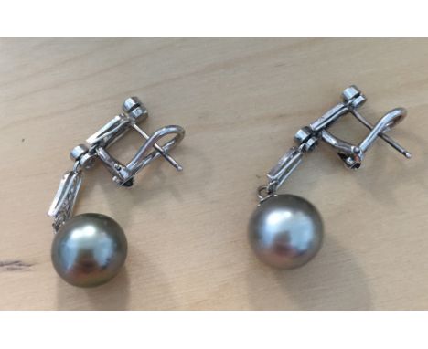 Diamond and tinted pearl drop earrings, of articulated form