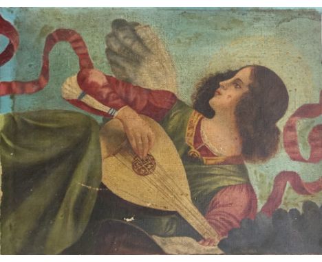 French School (19th century):
An angel playing a lute in the medieval manner, oil on canvas, bears stamp verso, 25 x 19 cm 