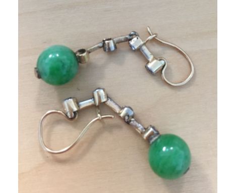 Jade and Diamond drop earrings, Articulated earrings set with Four old cut Diamonds and a Jade Sphere to the end