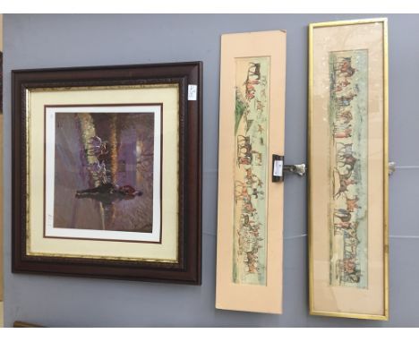 A pair of 18th/19th century panoramic hand coloured hunting scenes; together with a signed hunting print (3) 