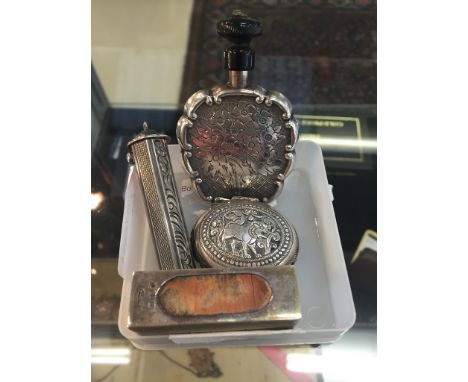 Three Continental silver items: lipstick, snuff box and perfume bottle; together with a silver matchbox holder