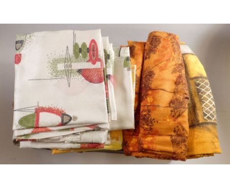A box of retro fabrics dating from the 1960's together with two pairs of retro Prova fibreglass curtains (each curtain 47 wid