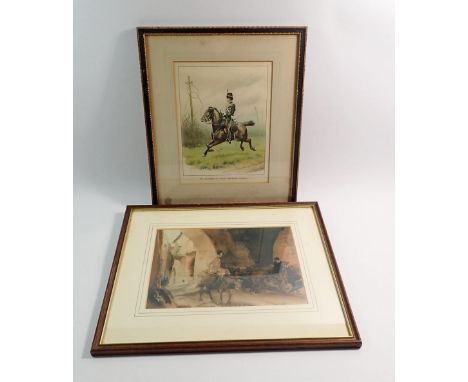 A Russell Flint print of a nude on a donkey, 17 x 25cm and a military print 
