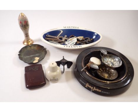 A box of breweriana items including Martell Cognac and Long John Whisky pub ashtrays, advertising bottle opener, wine tasters