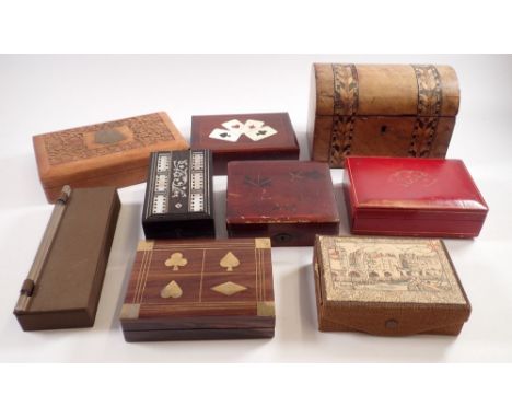 A Victorian dome top tea caddy and a collection of card boxes 