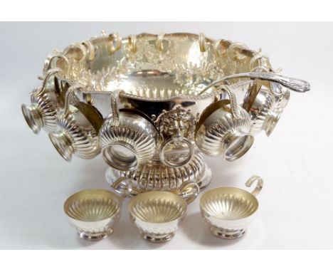 A large silver plated punch bowl with eighteen cups and ladle, 32cm 