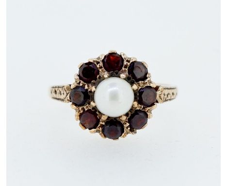 A 9 carat gold pearl and garnet cluster ring, size K to L, 3.3g 