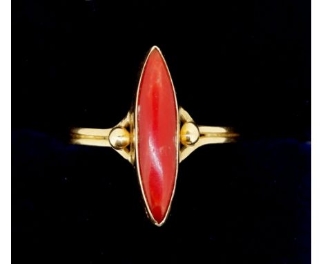 An antique 18 carat gold ring set marquise cut cornelian, size K to L 