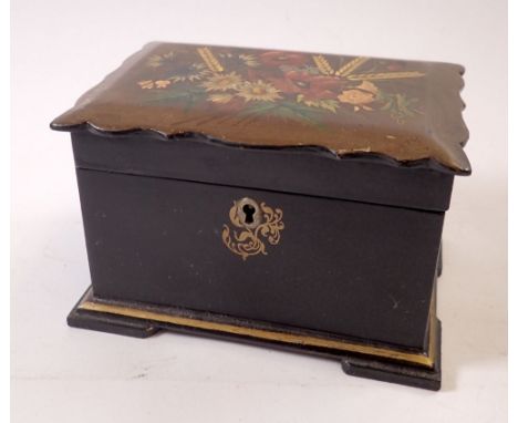 A Victorian lacquer tea caddy painted meadow flowers and wheat, 17cm wide 