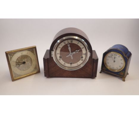 An oak Westminster chime mantel clock with pendulum, 22cm tall, a Swiss made eight day blue lacquer chinoiserie clock and a R