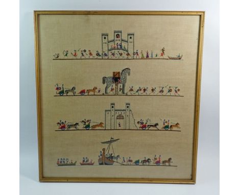 An early 20th century fine cross stitch on linen sampler of classical battle scenes including Helen of Troy, 45.5 x 42.5cm, 4
