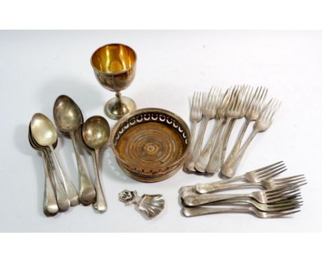 Various silver plated cutlery, a silver plated cup, wine coaster and a caddy spoon 