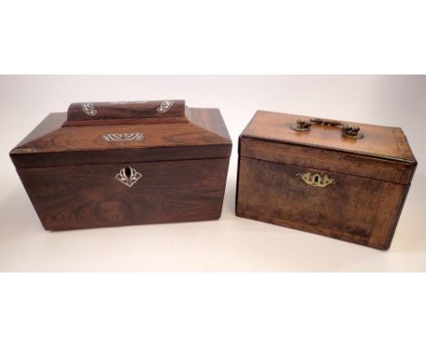 A Victorian rosewood and mother of pearl sarcophagus form tea caddy (lacking interior) 30cm wide and a Georgian tea caddy fit