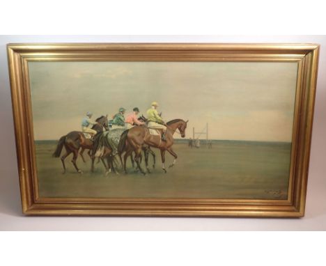 S Munnings - print on board of race horses, 38 x 71cm 