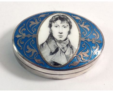 A silver and enamel oval trinket box with portrait of John Constable, Birmingham 1976 by Toye, Kenning &amp; Spencer, 5 x 4cm
