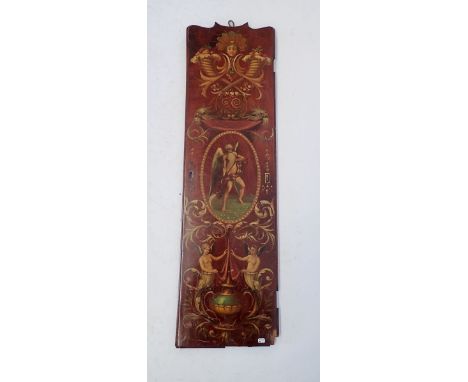 An interesting 18th century narrow mahogany door panel painted classical decoration incuding cornucopia, grim reaper, winged 