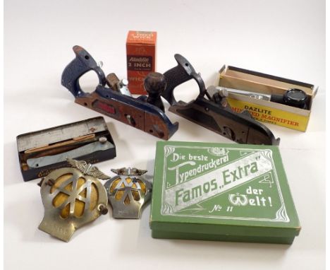 A box of collectables including a Stanley 78 and a wooden W78 planes, an unusual Aladdin 2 inch wick boxed, an eclipse 45 too