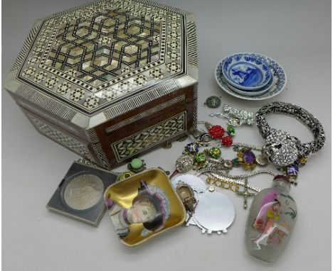 A mother of pearl jewellery box, jewellery, a Royal Worcester dish, etc.