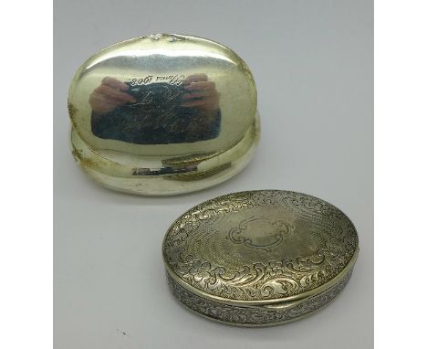 A silver snuff box with inscription dated 1908, a/f and one other, total weight 119g