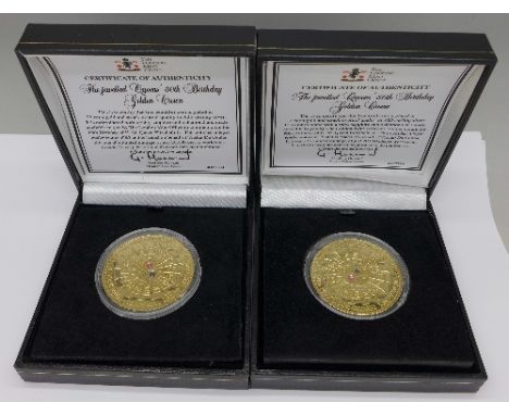 Two boxed Queen Elizabeth II 80th birthday gold on silver jewelled crowns, set with a ruby, sapphire and a diamond