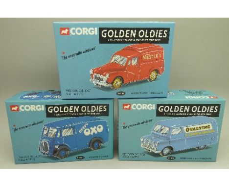 Three Corgi model vehicles, boxed, Bedford CA Ovaltine, Morris J Oxo and Morris 1000 Nestle's