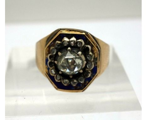 A 19th Century yellow metal, diamond and enamel ring, a/f, weight 3.5g, size Q