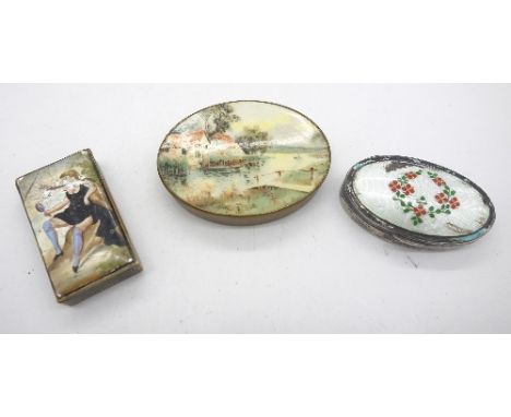 A silver and enamel box by Mappin & Webb, a/f, a vesta case, a/f, and one other box