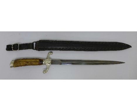 A hunting dagger with antler handle and leather scabbard, length 41.5cm