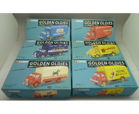 Six Corgi Golden Oldies model vehicles, including Bedford S. Spratt's and Thames Trader Heinz