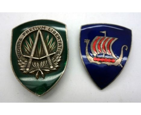 A silver and enamel badge, the back marked Drago, Paris, enamel a/f and an enamel badge depicting a Viking boat, the back mar