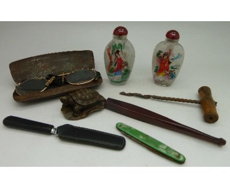 A cheroot holder, scent bottles, a netsuke, etc.
