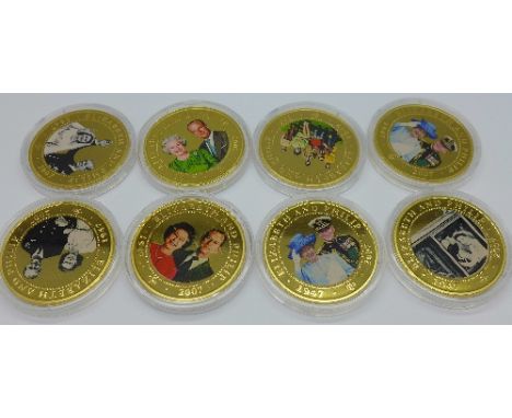 Eight one dollar 24ct gold plated Diamond Wedding photographic portrait collection coins with documentation and box
