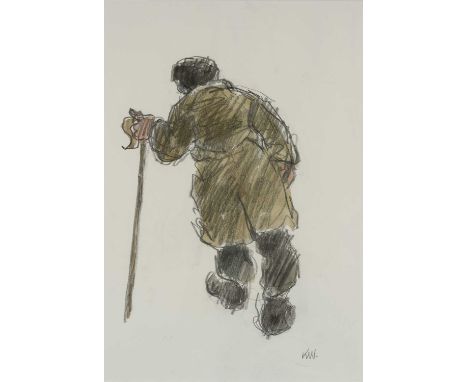 ‡ SIR KYFFIN WILLIAMS RA (Welsh 1918-2006) pencil and watercolour - farmer with stick, signed with initials, 45 x 32cmsProven