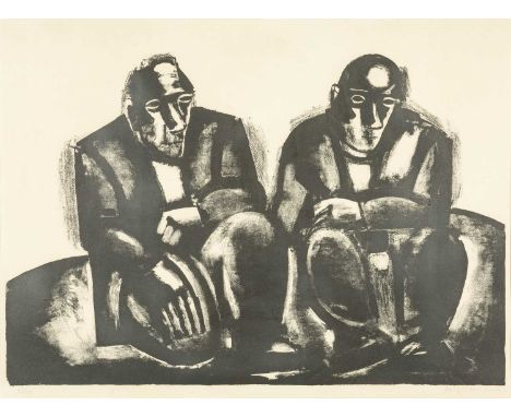 ‡ JOSEF HERMAN (Polish, lived Wales 1911-2000) limited edition (46/50) lithograph - two seated miners, fully signed, 51 x 68c