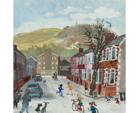 ‡ NICK HOLLY (Welsh b.1968) oil on card - Welsh valley street scene with children playing, signed, 28 x 28cmsProvenance: priv