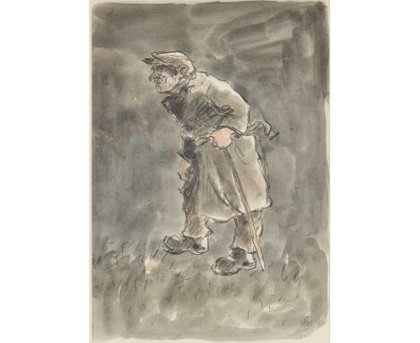‡ SIR KYFFIN WILLIAMS RA (Welsh 1918-2006) watercolour - farmer in overcoat with walking stick, signed with initials, 35 x 24