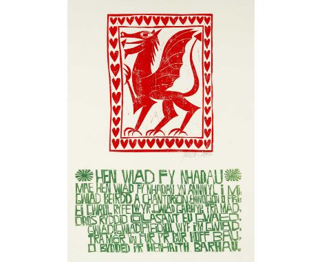 ‡ PAUL PETER PIECH (American, lived / worked Wales 1920-1996) two colour lithograph - Welsh national anthem 'Hen Wlad Fy Nhad