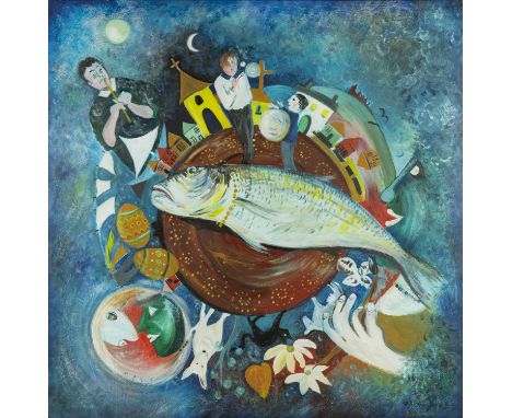 ‡ DOROTHY MORRIS (Welsh b.1953) large oil on board - 'The Village and I and Marc Chagall', signed, 89 x 89cmsProvenance: priv