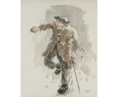 ‡ SIR KYFFIN WILLIAMS RA (Welsh 1918-2006) pencil and watercolour - farmer with walking stick, signed with initials, 49 x 39c