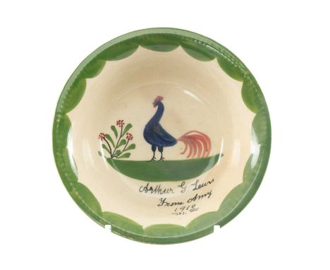 LLANELLY COCKEREL DOCUMENTARY BOWL decorated by Sarah Roberts with cockerel in landscape, inscribed 'Arthur G. Lewis from Amy