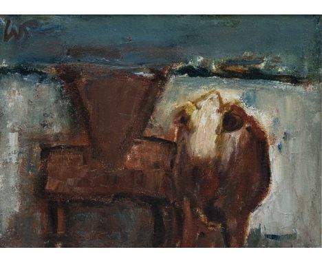 ‡ WILL ROBERTS (Welsh 1907-2000) oil on canvas – cow and farm hopper, signed with initials, entitled verso 'Winter Feed' 29 x