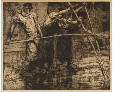 ‡ SIR FRANK BRANGWYN RA (Welsh 1867-1956) etching - men working in a tan pit, fully signed in pencil, 52 x 62cmsProvenance: p