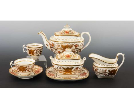 SWANSEA PORCELAIN PART TEASET circa 1815-1820, Japan pattern with iron-red and gilt stylised peonies with intricate gilt foli