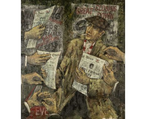 ‡ JONAS PLOSKY (English-European, worked Wales 1940-2011) oil on board - entitled verso, 'News Please' on Planter & Hall Gall
