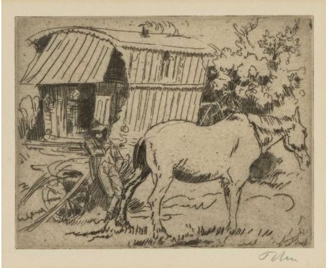 ‡ AUGUSTUS JOHN OM RA (Welsh 1878 - 1961) etching - caravan with figure and horse, signed in pencil, 10 x 13cmsProvenance: pr