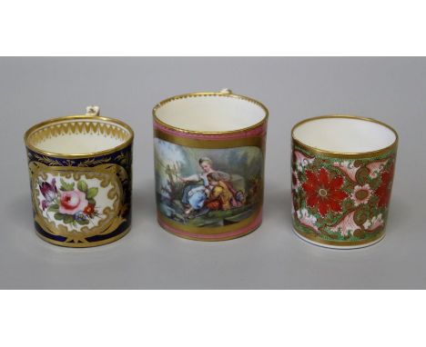 A mid 18th century Sevres Rose Pompadour ground coffee can, decorated with reserve of a lady fishing with pipe playing child,